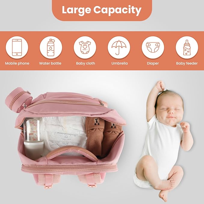 Baby Diaper Bag Backpack with Changing Station, 28Liters Capacity Nylon Baby Registry Mom Bags, Travel Friendly Unisex Bag, Essential Bag with Insulated Pockets, Pink