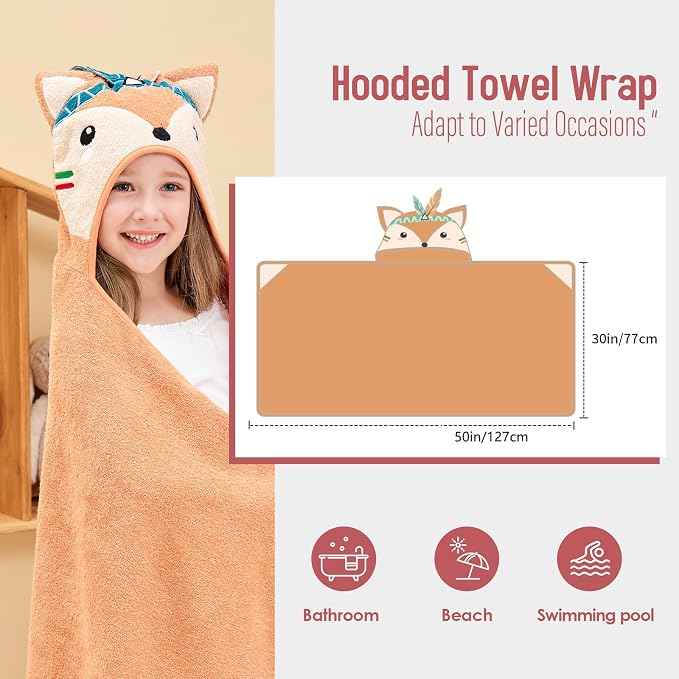 Style Quarters Baby Bath Towel - 100% Cotton Terry Soft Hooded Towel Cartoon Fox Baby Beach Towels Super Absorbent Large Embroidery Kids Hooded Bath Toddler Towel with 50"x30"(Orange Fox)