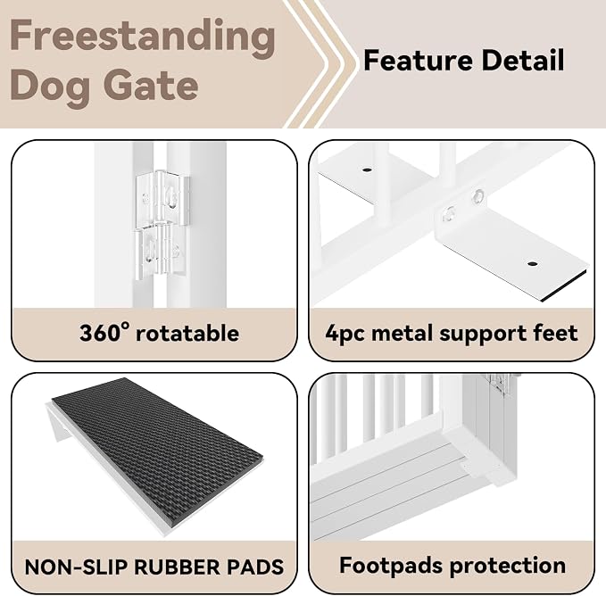SNUOWU Full Metal Freestanding Dog Gate with Door, 36''Height Foldable Pet Dog Fence for Indoor & Outdoor, 8 Panels Extra Wide Free Standing TallDog Gates for Doorways,House,Stairs,Porch,Deck,Yard