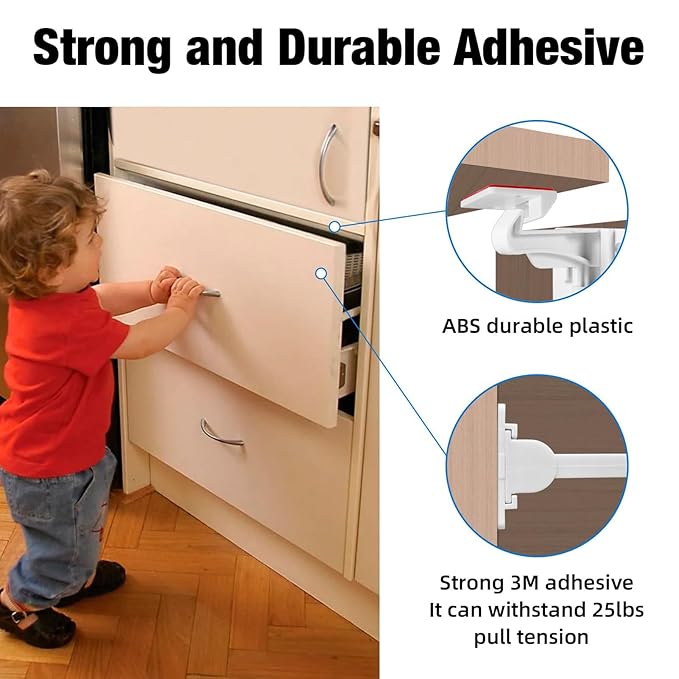 8 Pack Upgraded Invisible Baby Proofing Cabinet Latch Locks – No Drilling or Tools Required, Strong Adhesive, Works with Countertop Overhangs, Secure Child Safety Locks for Cabinets & Drawers