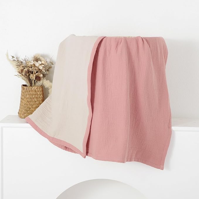 4 Layers Muslin Baby Blankets for Girls,100% Cotton Muslin Toddler Blanket,Crib Blanket,Muslin Swaddle Blankets,Soft and Lightweight Baby Quilt for Boys and Girls 47 * 47" (Pink+Khaki)