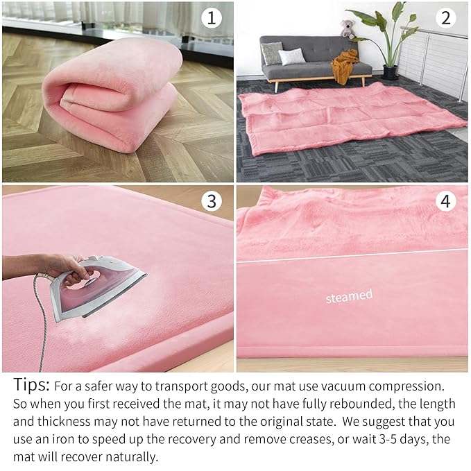 Huloo Sleep Ultra Soft Baby Play Mat for Floor,1.3" Thick Elasti-Foam 47x47 Play Mat for Playpen,Water-Repellent Coral Velvet for Tummy Time, Non-Slip Backing Safe for Toddlers & Infants（Pink）