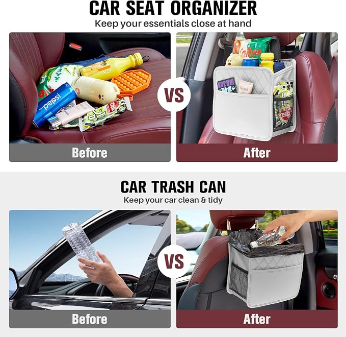 LXUNYI Car Seat Organizer, Updated Large Leather Backseat Car Organizer with Cup Holders Multifunctional Over the Seat Storage Organizer Bag Hanging Back Seat Organizers for Kids (Gray 1Pack)