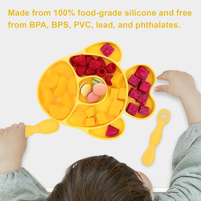 BabyX Baby Silicone Feeder Set, 3-pcs Golden-Fish-themed Baby Plate with Suction, Spoon and Fork for Babies Toddler Kids, BPA-Free, Baby Utensils Feeding Supplies, Microwave and Dishwasher Safe