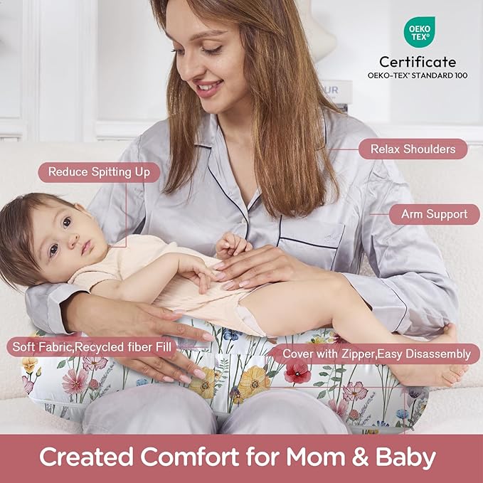 Little Grape Land Nursing Pillow,Upgraded Breast Feeding Pillow for Mom,Breastfeeding & Bottle Feeding for 0??6 Months, Soft Machine Washable Cover with Firm Filling,Spring Flower