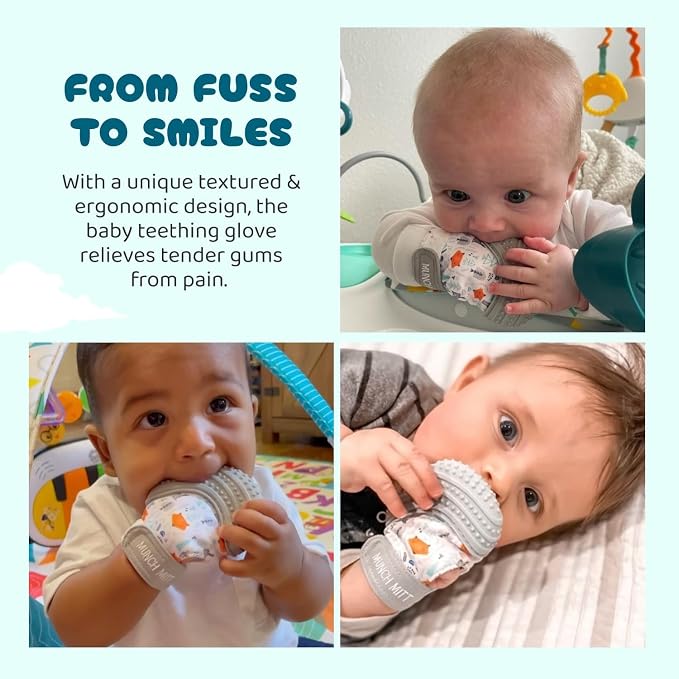 Munch Mitt Patented Teething Mitten Baby Chew Toy - Protects Hands from Chewing & Saliva, Heals Aching Gums, Promotes Sound & Visual Stimulation for Babies - Grey Fox