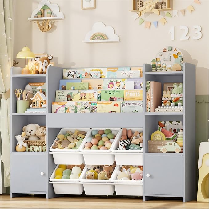 FINETONES Toy Storage Organizer with 6 Toy Bins, Toy Organizer Kids Bookshelf with 6 Cubbies, Toy Organizers and Storage Bins, Playroom Storage and Toy Chest, Grey