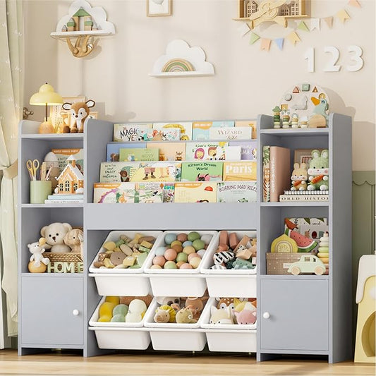 FINETONES Toy Storage Organizer with 6 Toy Bins, Toy Organizer Kids Bookshelf with 6 Cubbies, Toy Organizers and Storage Bins, Playroom Storage and Toy Chest, Grey