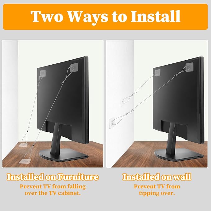 6 Pack Adjustable TV Safety Straps Stainless Steel, No-Drill Adhesive Anti-Tip Furniture Wall Anchors for Baby Proofing, Secure Flat Screens to TV Stand, Wall, Cabinet Or Desk