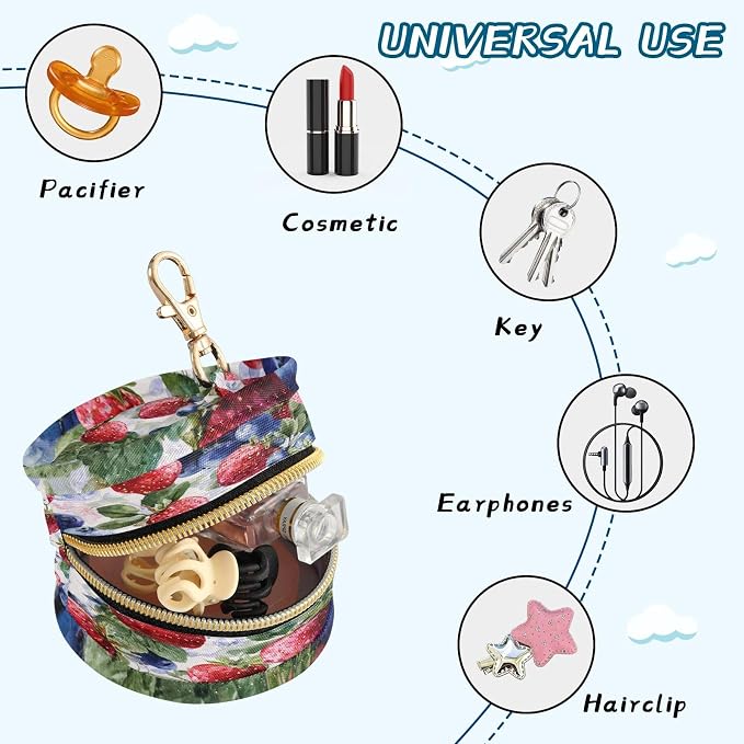 Pacifier Holder with Clip Pacifier Case for Diaper Bag Round Baby Pacifier Pouch Box Bag Portable Strawberry Blueberry
