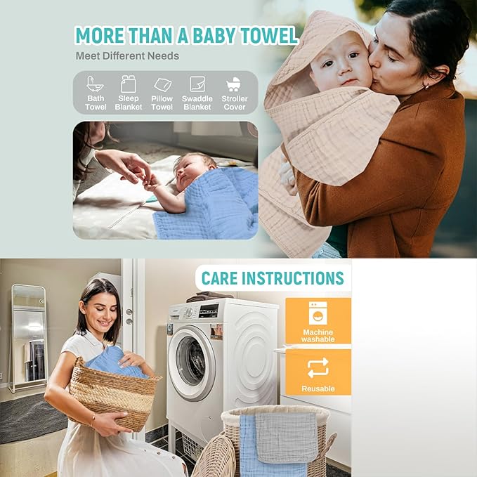 MIGIOL Hooded Baby Bath Towels 100% Muslin Cotton Baby Bath Towel for Infant, Toddler and Kids,Soft and Absorbent Newborn Essential，Large 32x32Inch 2 Pieces Coffee & Beige