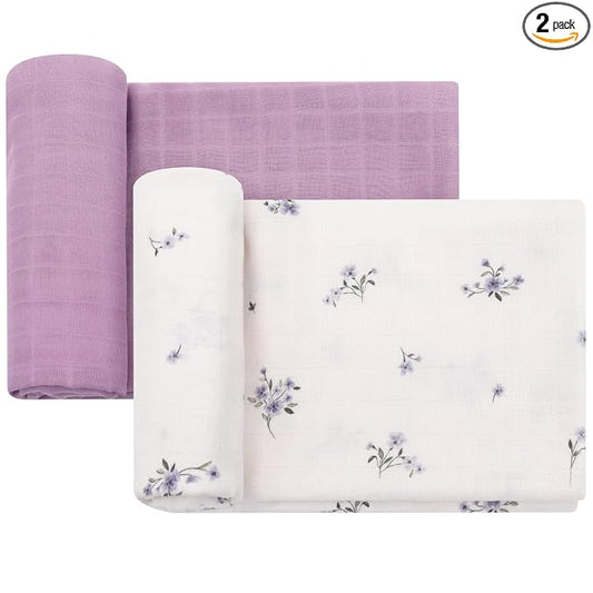 LifeTree Baby Swaddle Blankets, Boys Girls Muslin Swaddling Wrap Receiving Blanket for Newborn, 70% Viscose from Bamboo and 30% Cotton, Large 47" x 47", Flower and Mauve Pattern