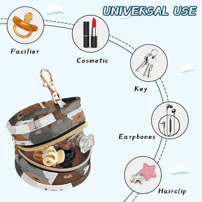 Pacifier Holder with Clip Pacifier Case for Diaper Bag Round Baby Pacifier Pouch Box Bag Portable Bear White Brown Grey