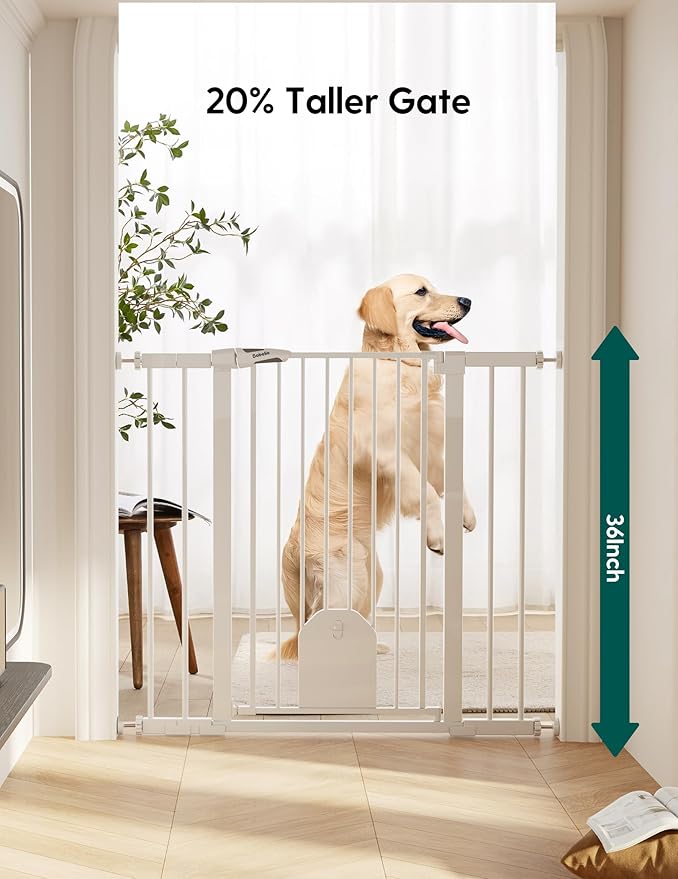 Babelio 36" Tall Auto Close Baby Gate with Small Cat Door, 29-43" Metal Cat Gate for Doorway, Stairs, House. Easy Walk Thru Dog Gate with pet Door, Includes 4 Wall Cups and 3 Extension Pieces, White