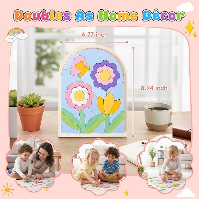 Montessori Wooden Shape Puzzles - Color Matching & Cognition Fun for Kids Over 3 Years Old, with Rainbow Blocks & Themes, Fine Motor Skill Building Toys & Gifts (Flower)
