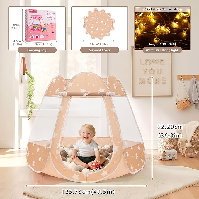 Crayline Pop Up Princess Tent with Star Light, Toys for 1 2 3 Year Old Girl Birthday Gift, Ball Pit for 12-18 Months Baby Girl Gifts Toddler Toys, Easy to Pop Up and Assemble(Brown)