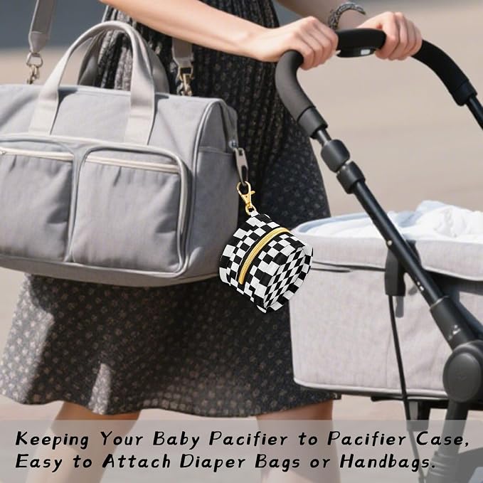 Black Checkered Print Pacifier Holder Case with Clip Paci Holder Pacifier Storage Case Container Portable for Diaper Bag Newborn Girl Boy Essentials