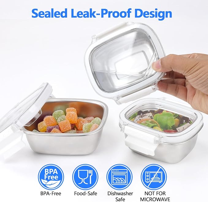 Stainless Steel Food Storage Containers with Lids - 3 Piece 8.5oz Small Snack Boxes & Lunch Containers, Leakproof Freezer Safe Meal Prep Containers Fit for Portioning Snacks, Dips, and Condiments