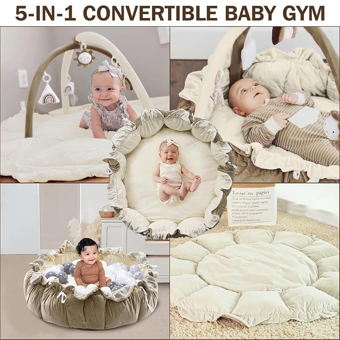 Little Dove 5-in-1 Convertible Baby Play Gym with 6 Toys, Tummy Time Mat for Sensory Development, Baby Activity Center for Newborn & Toddler, Ball Pit, Soft Pet Mat, No Ball Included Brown