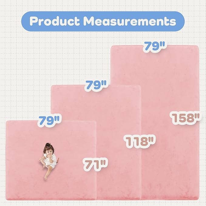 1.3" Thick Baby Floor Play Mat 71x79, Basic Padded Foam Mat for Tummy Time Crawling, Non Slip Cushioned for Babies Toddlers Infants Kids (Pink)