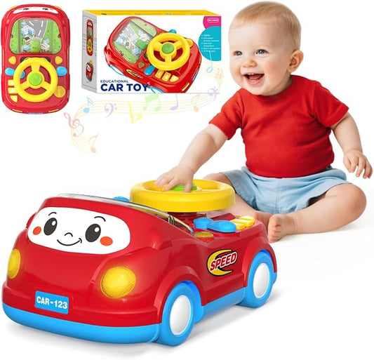 Toys for 1 Year Old Boy Gifts - 2-in-1 Toddler Push Car & Musical Racing Adventure Steering Wheel Driving Game, Interactive Simulated Driving Car for Baby 12-18 Months, Birthday Gift Ages 1-2, Red