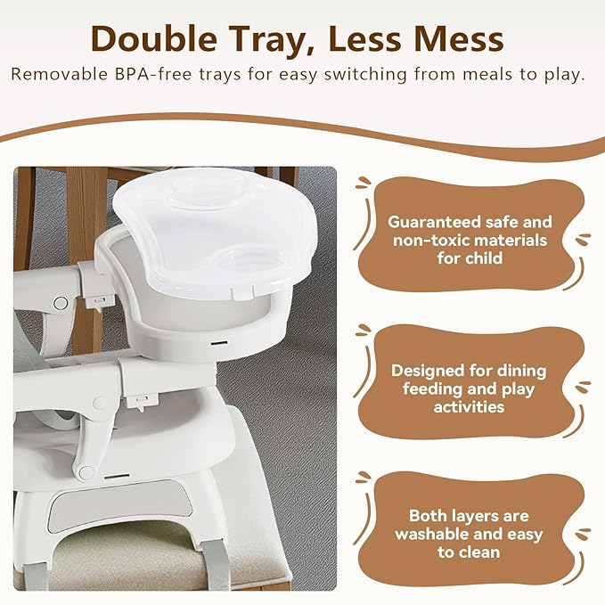 Booster Seat for Kitchen Chair, 3-in-1 Foldable & Portable Booster Seat with Tray, Extra Dishwasher-Safe Tray, Safety Straps for 6??8M (Up to 30 lbs), for Dining Table, Travel & Camping, Gray