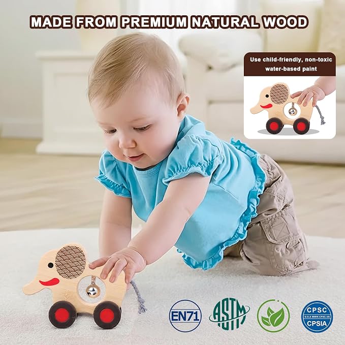Wooden Animal Rattle with Bell - Baby Toys 6-12 Months & Toddler Toys 1-3 Years | Montessori Sensory Shakers, Nursery Decor Gift Set (Dog, Duck, Elephant)