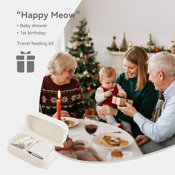 Baby Suction Plates for Toddlers, 6Pcs Travel Silicone Feeding Set for Toddlers/Kids, Foldable, Non-Slip Dishwasher Safe Plates & Utensils, BPA Free, Cat Design Gift Ready (Beige)
