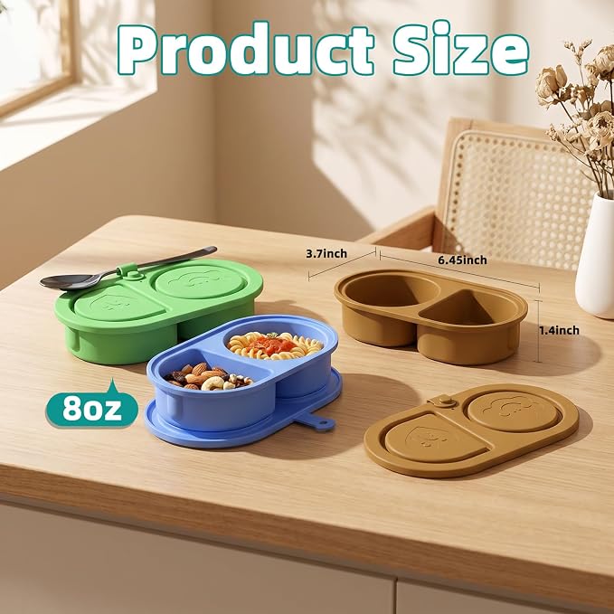 3 Pcs Reusable Bento Box, 2-Compartment Snack & Lunch Container for Adults, Food Grade Silicone, Microwave/Dishwasher/Freezer Safe, Ideal for School, Office, Camping and Picnic
