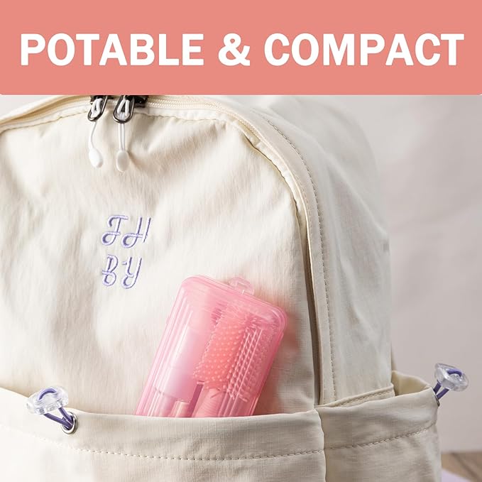 Travel Bottle Brush, 6-in-1 Portable Travel Bottle Cleaner Kit with Small Bottle Brush Built in Drying Rack, Nipple Brush, Straw Brush, Soap Dispenser, for Baby Bottles Under 8 OZ, BPA-Free(Pink)
