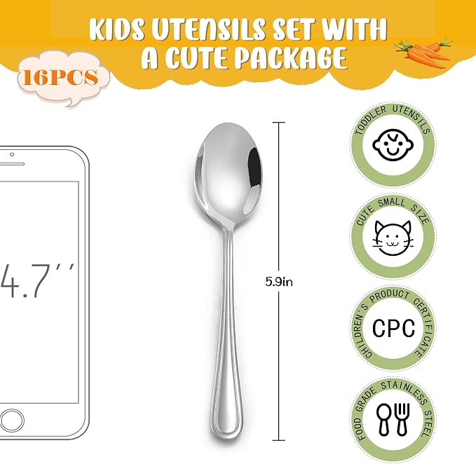 LIANYU 16-Piece Toddler Spoons, Kids Baby Spoons Self Feeding, Stainless Steel Toddler Utensils Silverware Set for 2-10 Year Old, Children Cutlery Flatware Set for Home School, Dishwasher Safe