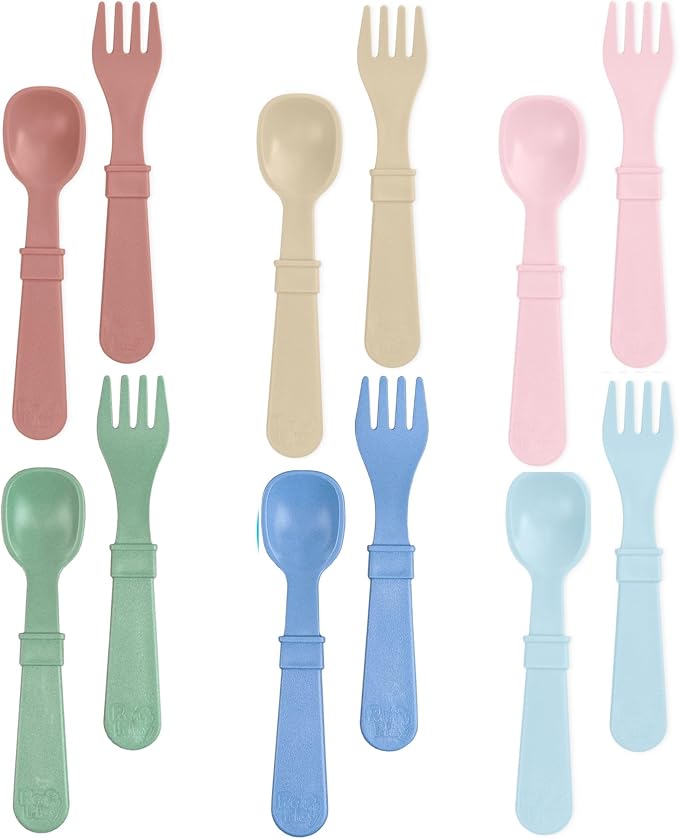 Re-Play Toddler Forks and Spoons Set - 6x6 Utensils Set for Kids - Dishwasher and Microwave Safe - Made in USA - Set of 12-5.8" x 1.2" x 0.2" - Meadow