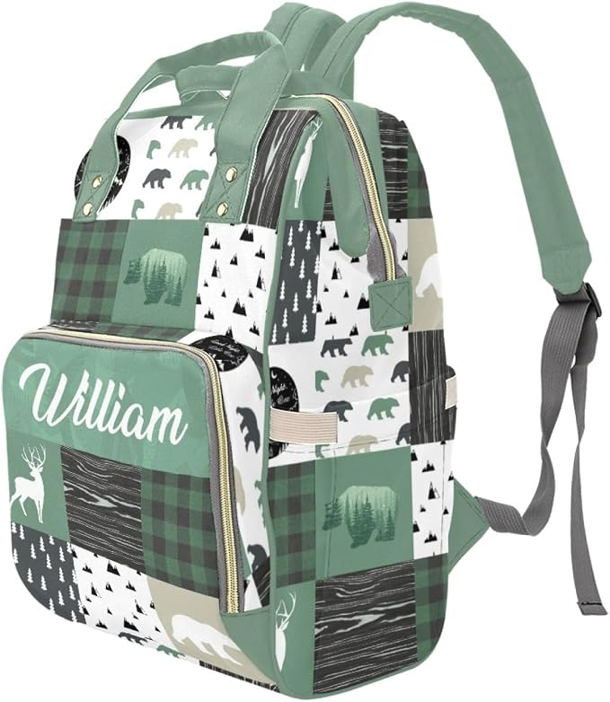 Custom Woodland Deer Bear Baby Diaper Bag with Name – Personalized Nursing Travel Tote Backpack for Mom or Dad, Custom Name Baby Daypack Gift
