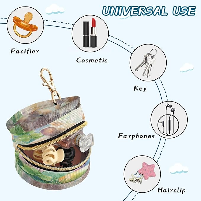 Pacifier Holder with Clip Pacifier Case for Diaper Bag Round Baby Pacifier Pouch Box Bag Portable Watercolor Easter Bunny Clover