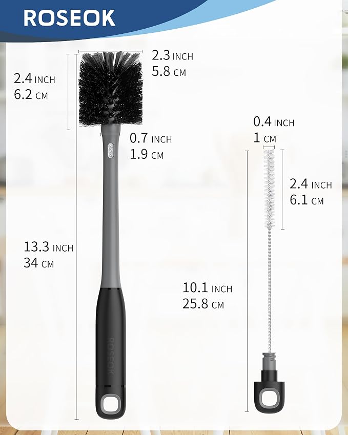 ROSEOK 2 in 1 Long Handle Bottle Brush with Straw Brush for Cleaning Glass, Sports Bottle, Coffee Mug, Black, 1 Pack