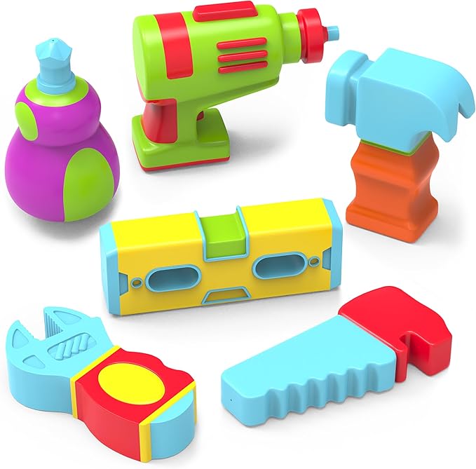 Tub Works® Tools??Mold Free Bath Toys, 6 Pack | Sealed, No Hole Bath Toys Design Keeps Moisture Out | Soft, Squeezable & Float on Water | Easy-Grip Baby & Toddler Bathtub Toys | Great for Baby Pools