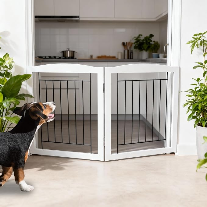 ZJSF Freestanding Foldable Dog Gate for House Extra Wide Wooden White Indoor Puppy Gate Stairs Pet Gates Doorways Pet Gate Tall Dog Fence 2 Panels