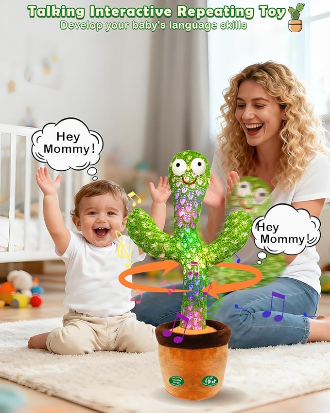 Interactive Baby Toys Dancing Talking Cactus Toy, Singing Musical & Record Repeat What You Say, Funny Gift for Infant 6-18 Months & Toddler 1 2 3 Year Old Boy Girl, Light Up Toy (Volume Control)