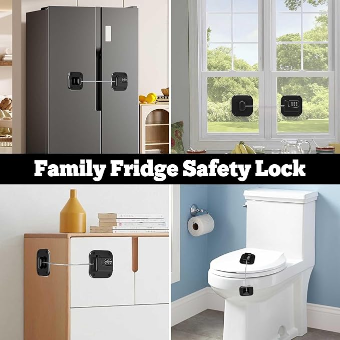 2 Pack Refrigerator Lock with Combination - Fridge Lock Child Proof Cabinet Locks with Adhesive for Freezer, Cabinets, Closet, Drawers, Keyless, Black