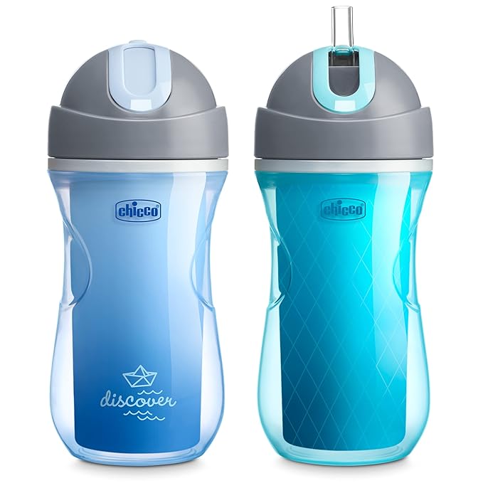 Chicco Insulated Straw Sippy Cup 12+ Months, 9oz Toddler Training Cup with Spill-Free Flip-Top Lid, BPA-Free 2-Pack, Blue Discover/Teal