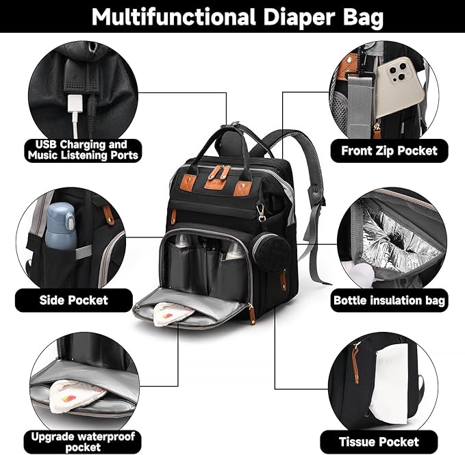 Baby Diaper Bags with Changing Station, Large Capacity Diaper Bag Backpack for Moms Dads with USB Charging Port,Travel Baby Bag with Pacifier Case & Stroller Straps(Up-Black)