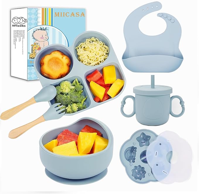 Silicone Baby Feeding Set, Baby Led Weaning Supplies, Baby Food Tableware Silicone Suction Plate, Bowl, Spoons, Fork, Waterproof Bib, Cup & Complementary Food Cake Mold, Baby Eating Utensils