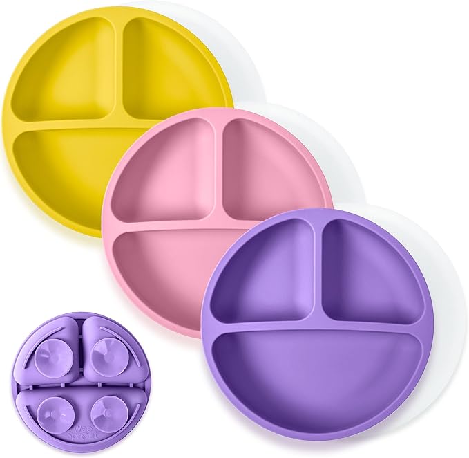 WeeSprout Suction Plates with Lids for Babies & Toddlers - 100% Silicone, Dinnerware Stays Put, Divided Design for Picky Eaters, Microwave & Dishwasher Friendly, 3 Pack