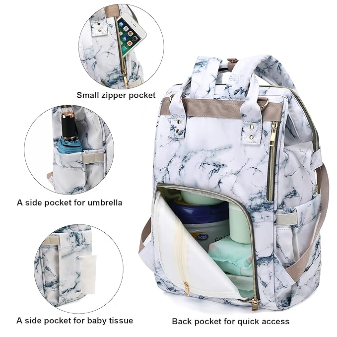 Diaper Bag Backpack for Baby Girls, Mom Waterproof Large Nappy Bags for Women (Marble)
