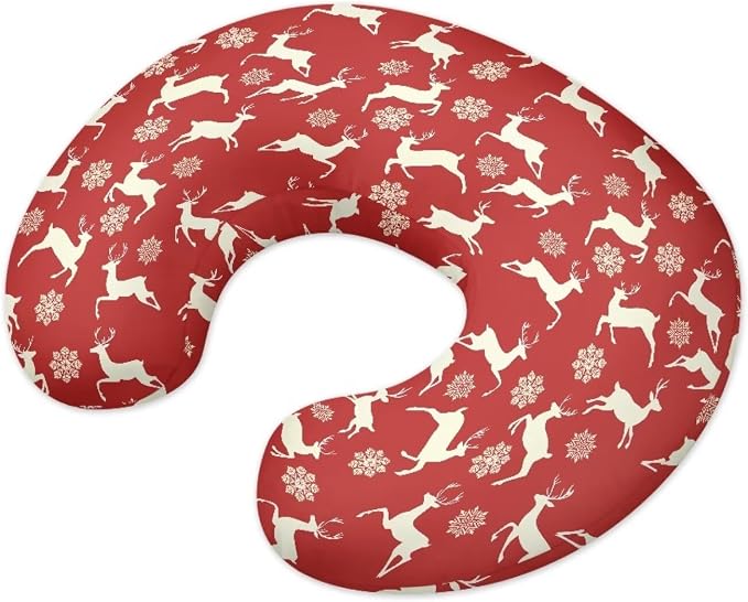 Red Christmas Elk Snowflake Nursing Pillow and Positioner Detachable Newborn Original Breastfeeding Slipcover Case U-Shaped Head Support Protector Cushion Essential with Hidden Zipper