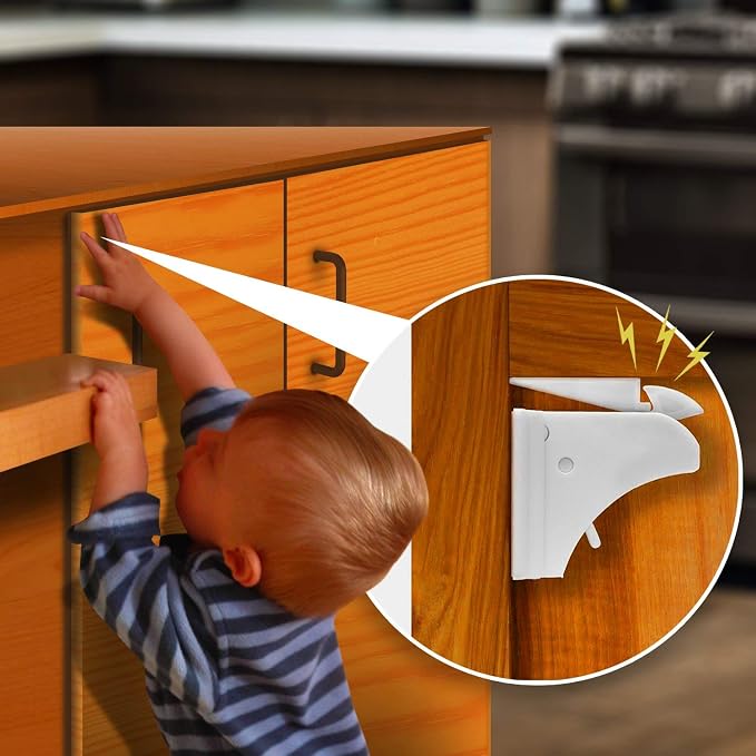Little Lovlies™ Magnetic Child Safety Cabinet Locks – Easy Install, No-Drill, Strong 3M Adhesive, 4 Locks + 1 Key, Ideal for Cabinets, Drawers, and Furniture – White