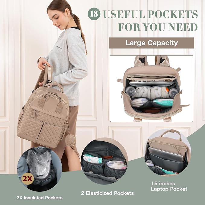 Diaper Bag Backpack Baby Bags with Changing Pad Large Newborn Maternity Bags,18 Pockets,Insulated Pockets,Stroller Straps,Khaki