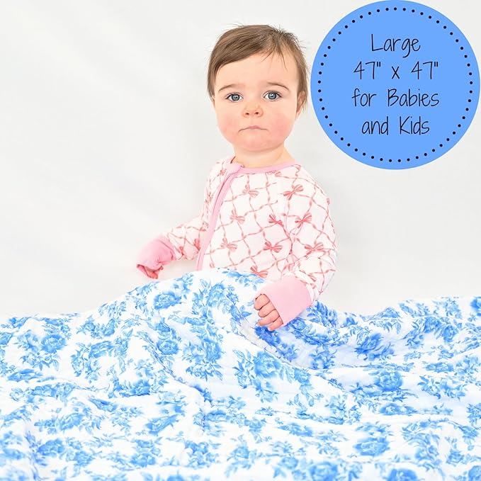 LollyBanks Muslin Baby Blanket, 100% Cotton and 6 Layers Soft Newborn Blanket for Girls, Large 47 x 47 Inches Versatile Crib Blanket, Cozy Muslin Quilt, Baby Essentials, Registry (Blue Peony Print)