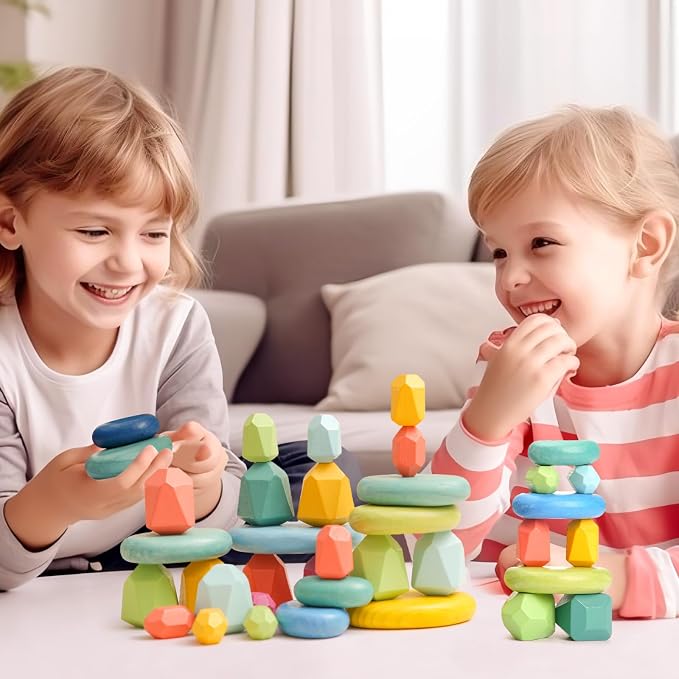 OESSUF Stacking Rocks 26Pcs Stacking Blocks Balancing Stones Wooden Building Toys Wood Stone Stacking Game for Toddler Sorting Preschool Educational Montessori Stacking Rocks for Kids