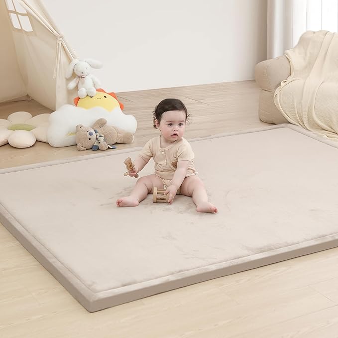 Baby Play Mat for Floor,1.3" Thick Memory foam Tummy Time Mat,Water Repellent Soft Coral Velvet Nursery Rug,Extra Large Non Slip for Crawling,Toddlers,Infants,kids,Tatami Style for Living Room(Beige)